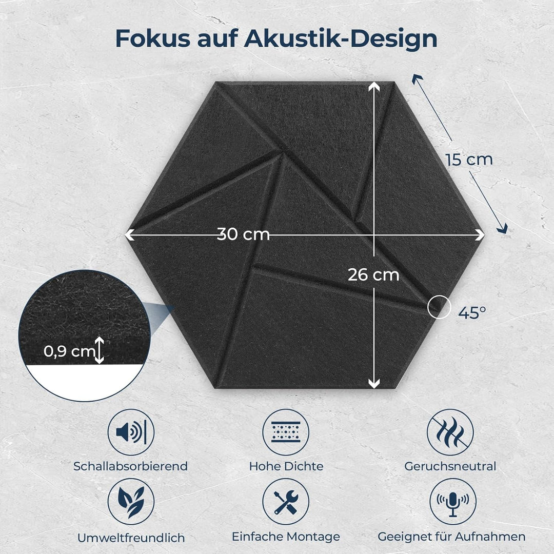 12 Stück Hexagon Akustikplatten Selbstklebend, 30 x 26 x 0,9 cm Hohe Dichte Schallschutzplatten, Aco