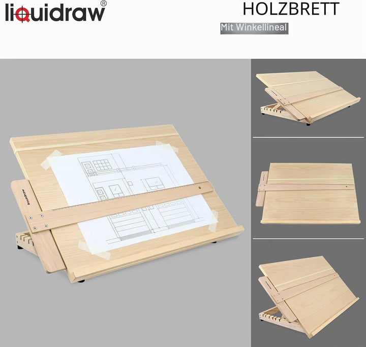 Liquidraw A2 Künstler-Zeichenbrett, 6 Winkel, verstellbar, Massivholz, Kunst-Skizzierbrett mit 60 cm