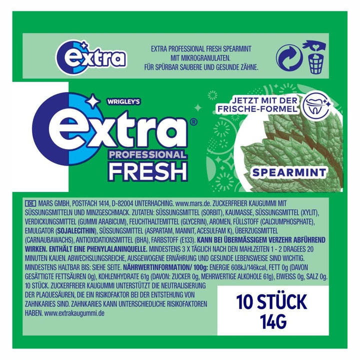 Extra Professional Fresh Spearmint, Zuckerfreier Kaugummi, Multipack mit 30x10 Dragees, Für frischen