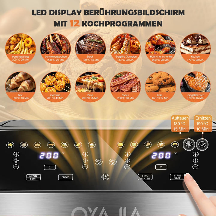 Heissluftfritteuse 2 Kammern Mit Sichtfenster 9L Airfryer 2 Fächer 9-In-1 Touchscreen Antihaftbeschi
