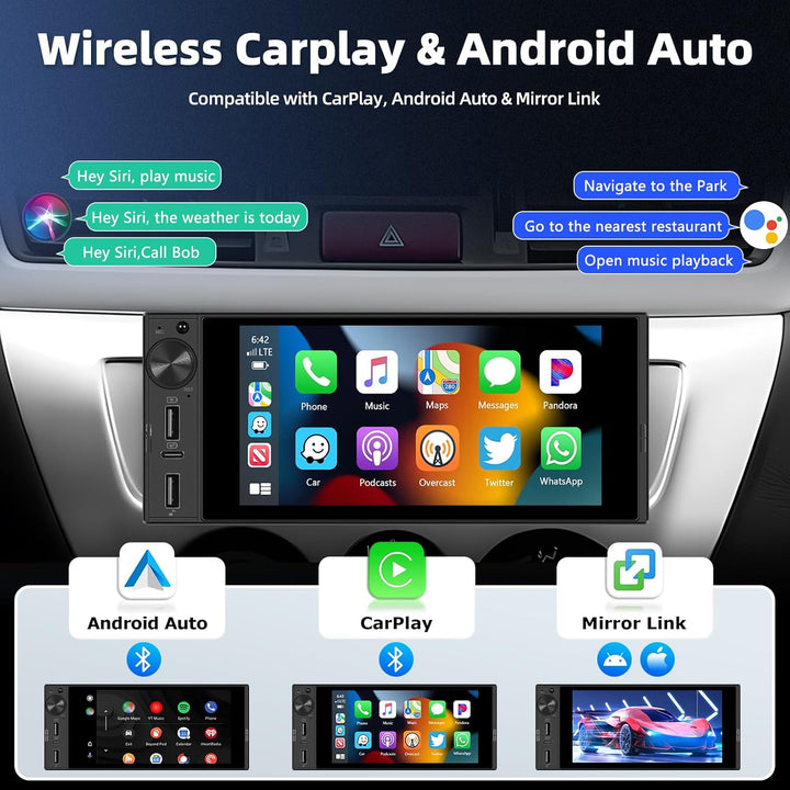 4GB+64GB 1 Din Autoradio mit Kabellosen CarPlay, 6 Zoll Bildschirm Touchscreen Android Auto Stereo m