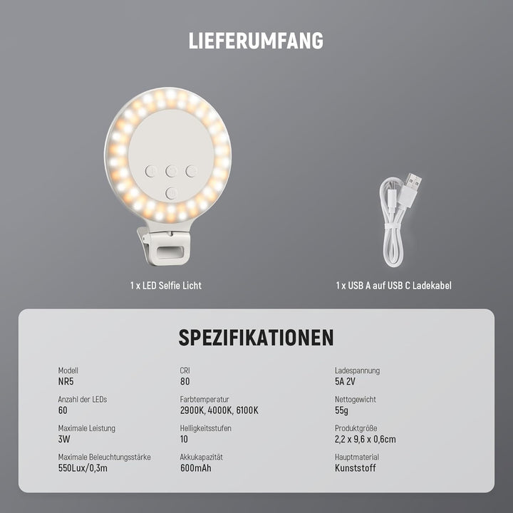 NEEWER ENTRY LEVEL VERSION Ringlicht Handy, 9,6cm Ring Light, 3W Clip on Selfie Licht, 3 Modi, CRI80