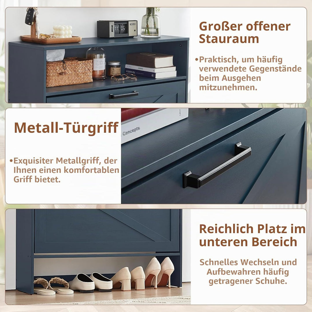 LELELINKY Blaue Schuhschrank, schuhregal mit 2 Klappen,offenen Fächern Schuhkipper,Holz Schmal Schuh