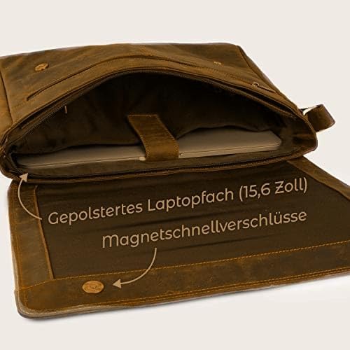 Umhängetasche Leder für Herren Damen - Echtleder Laptoptasche 15.6 Zoll, Leder Aktentasche Messenger