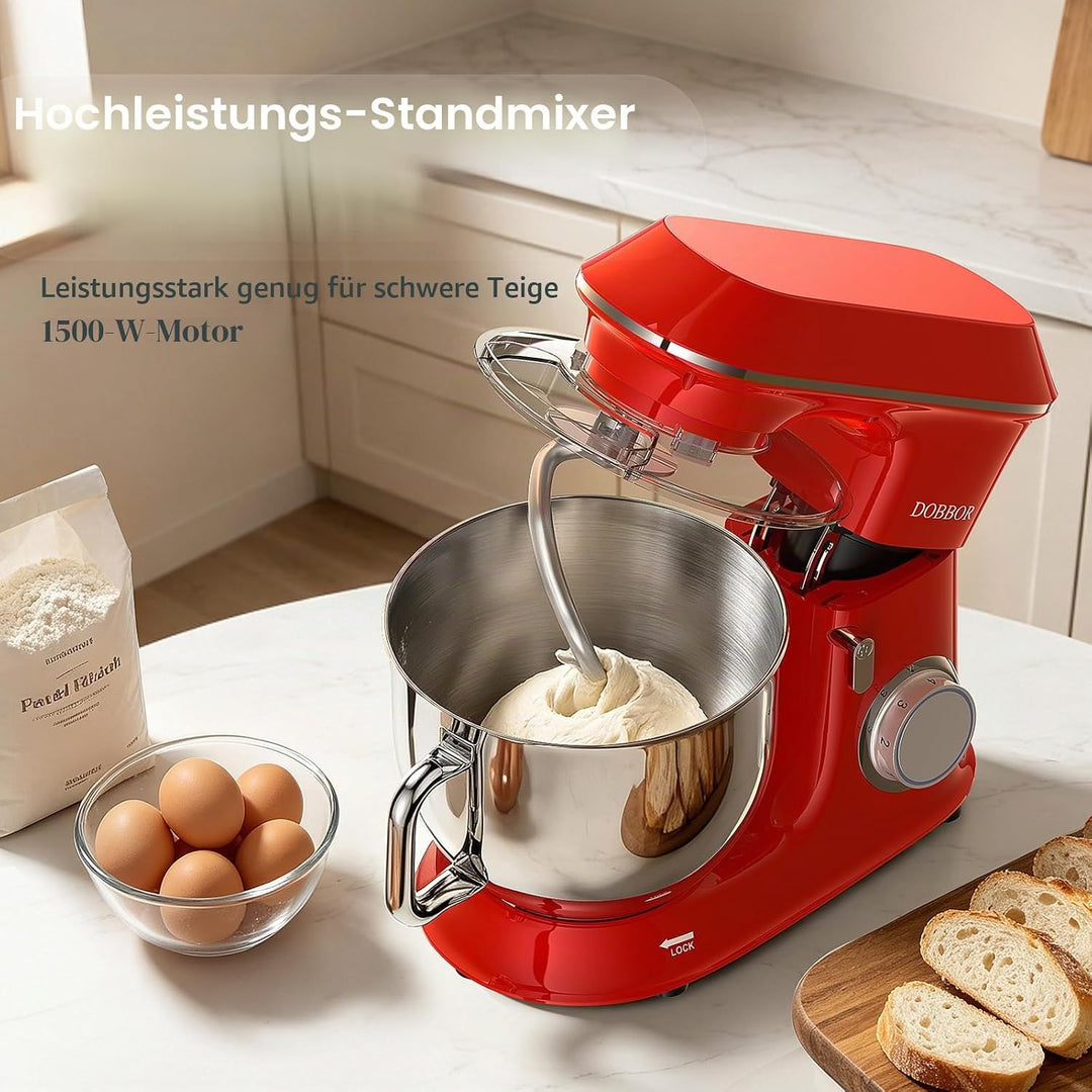 9.5L Küchenmaschine Knetmaschine 1500W, DOBBOR Rührmaschine mit Rührbesen, Knethaken, Schlagbesen, S