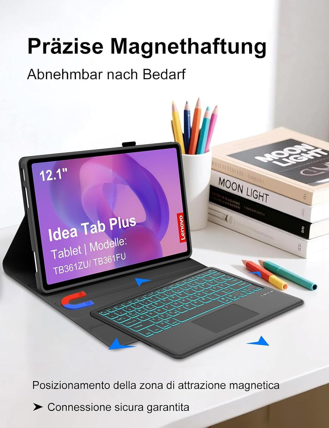 Für Idea Tab Plus 12.1" Hülle mit Touchpad &amp; Beleuchtung QWERTZ Schwarz Idea Tab Plus 12,1" (2025) T