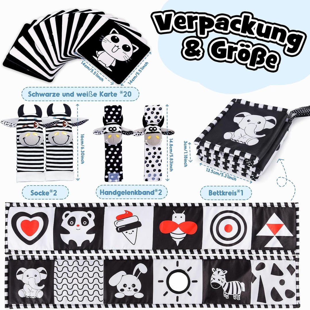 Kontrastbuch Baby Schwarz Weiss Spielzeug, Kontrastkarten Baby Spielzeug 0-12 Monate Rasselsocken Ba