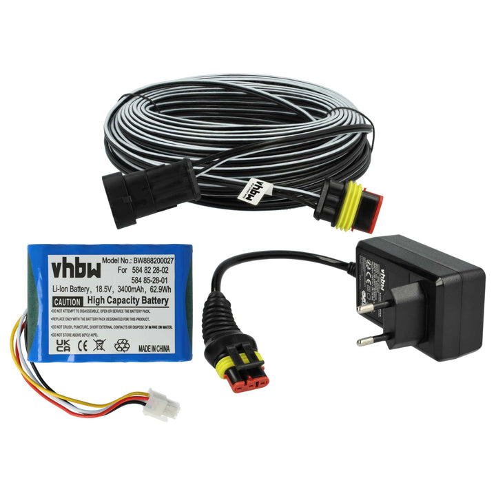 vhbw 1x Netzteil, 1x 3400 mAh Akku, 1x 30 m Niederspannungskabel kompatibel mit Husqvarna Automower