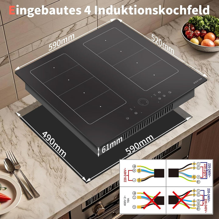 NOXTON Induktionskochfeld 4 Platten mit Doppelte Flexzonen, Induktionsfeld 60 cm Einbau mit Booster,