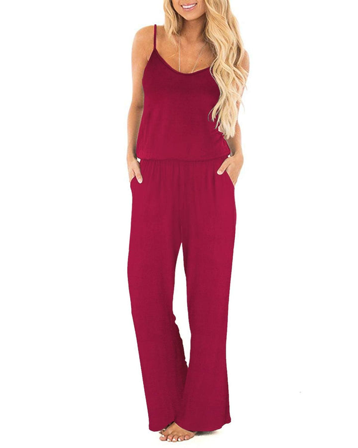 OUGES Damen Sommer Ärmellos Jumpsuit Overall Lang Hosenanzug Casual Playsuit Romper mit Taschen S We