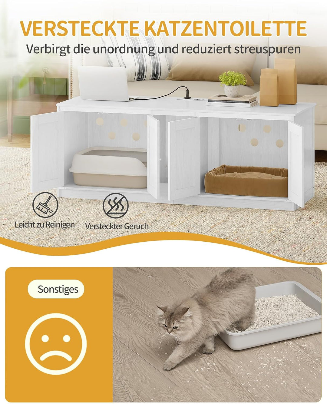 Hzuaneri Katzenschrank mit USB-Anschlüssen und Steckdosen, Katzenklo Schrank, 140 cm Verstecktes Kat