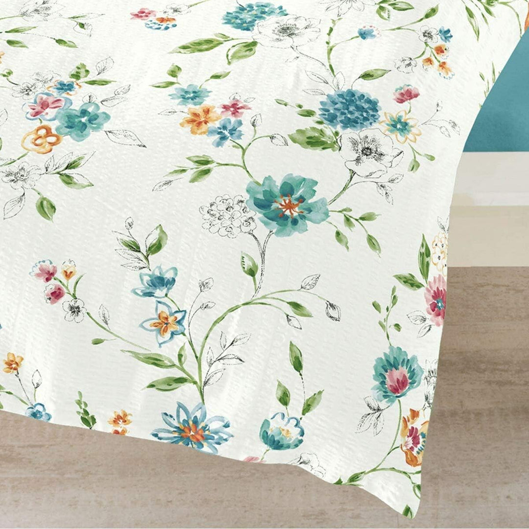 TRAUMSCHLAF Seersucker Bettwäsche Blumengirlande • Florales Design in Blau-Weiss • 100% Baumwolle •