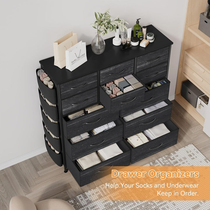 Stoffkommode 12 Schubladen, 99x30x110cm, Stahlrahmen, MDF-Platte Schwarz (110 Cm Höhe), Schwarz (110