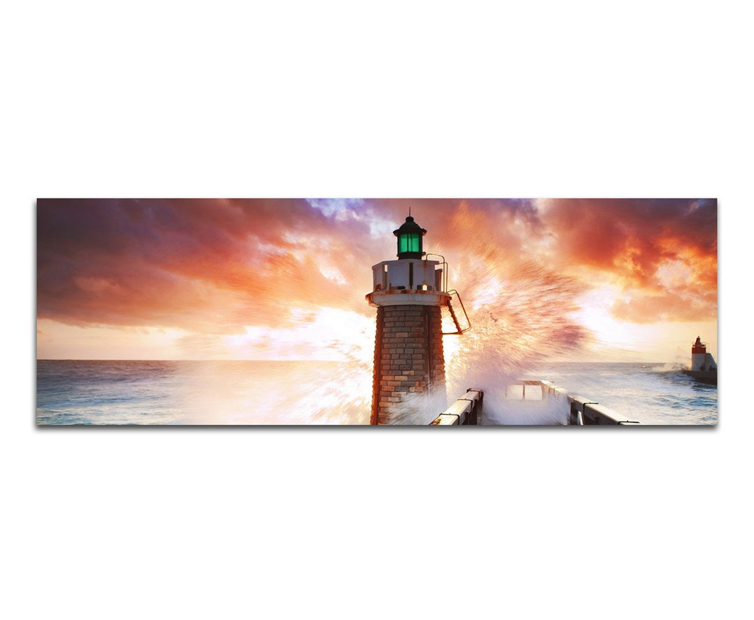 Paul Sinus Art Panoramabild auf Leinwand und Keilrahmen 120x40cm Meer Welle Leuchtturm Steg Wolkenhi