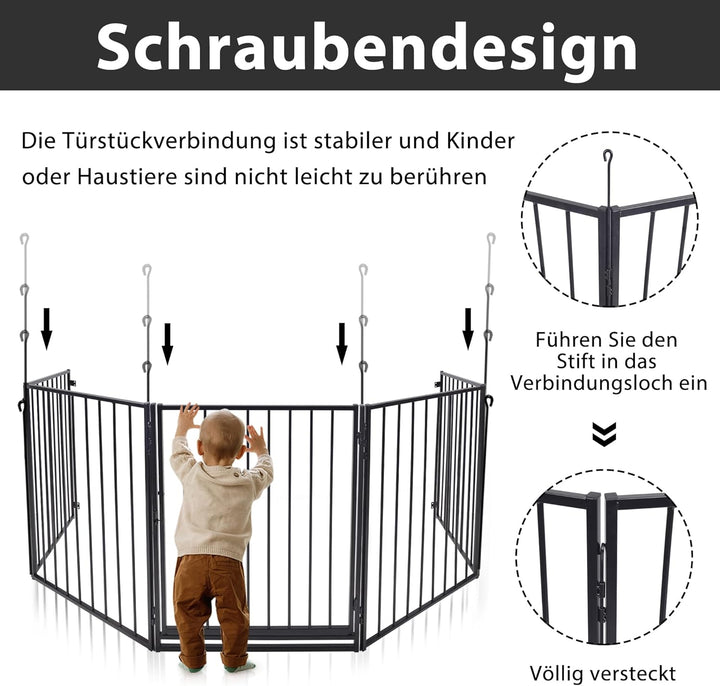Yznahre Kaminschutzgitter Metall 305cm - 5 Elemente Kinderschutzgitter mit Tür Kamingitter Kindersch