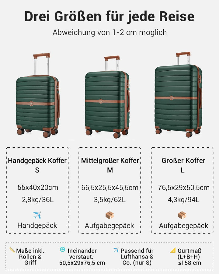 KONO Koffer Reisekoffer Trolley Kofferset 3 Teilig von ABS+PC Hartschalenkoffer mit Zwillingsrollen