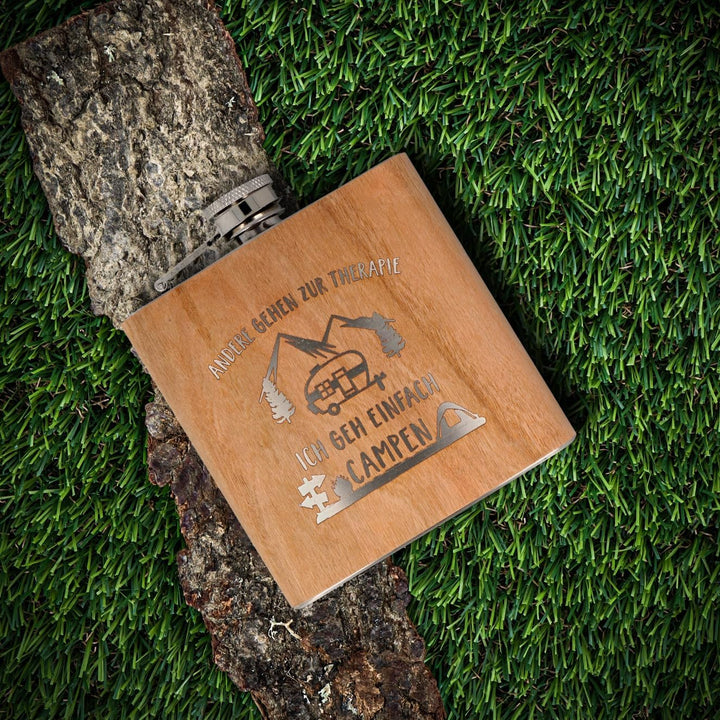 Spruchreif | Flachmann aus Edelstahl mit Gravur | Flachmann aus Holz | Geschenk für Camper | Camping