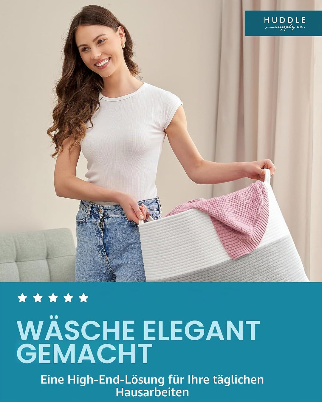 Waschbarer Jumbo-Deckenkorb in Grösse 4XL, 125 l, gewebter dekorativer Korb aus Baumwollseil mit Gri