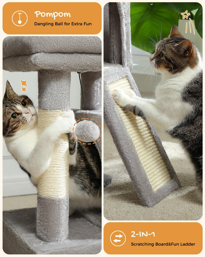 PETEPELA Kratzbaum 77cm mit Dual Condos für Wohnungskatzen, All-in-One-Katzenhaus mit gepolsterter S