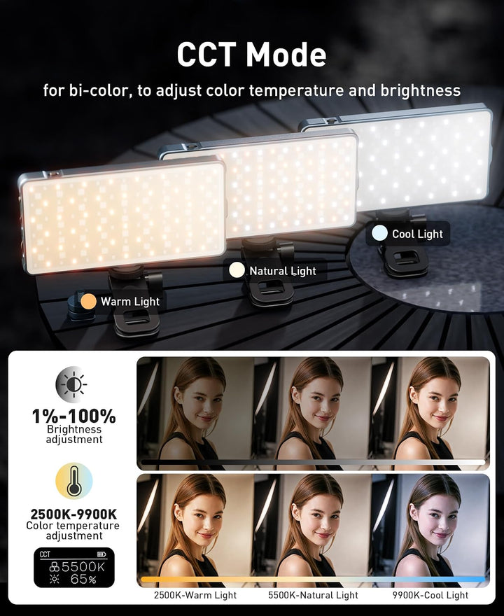 Selfie Licht mit RGB-Vollfarbe, 135 LED 4000mAh CRI96+ LED Videoleuchte mit Hotshoe und Clip,2500K-9