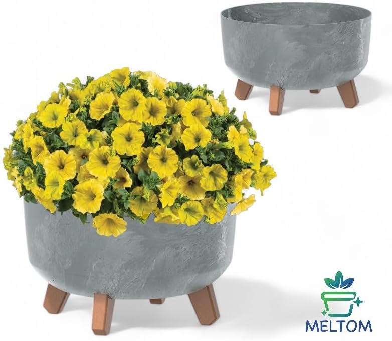MELTOM Blumentopf Schale mit Füssen Einsatz Blumenschale Kräutertopf Übertopf, 39 cm x 27 cm (Beton