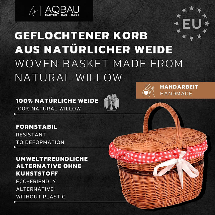 Picknickkorb mit Deckel 40 cm, Weidenkorb mit Henkel Rot, Rot