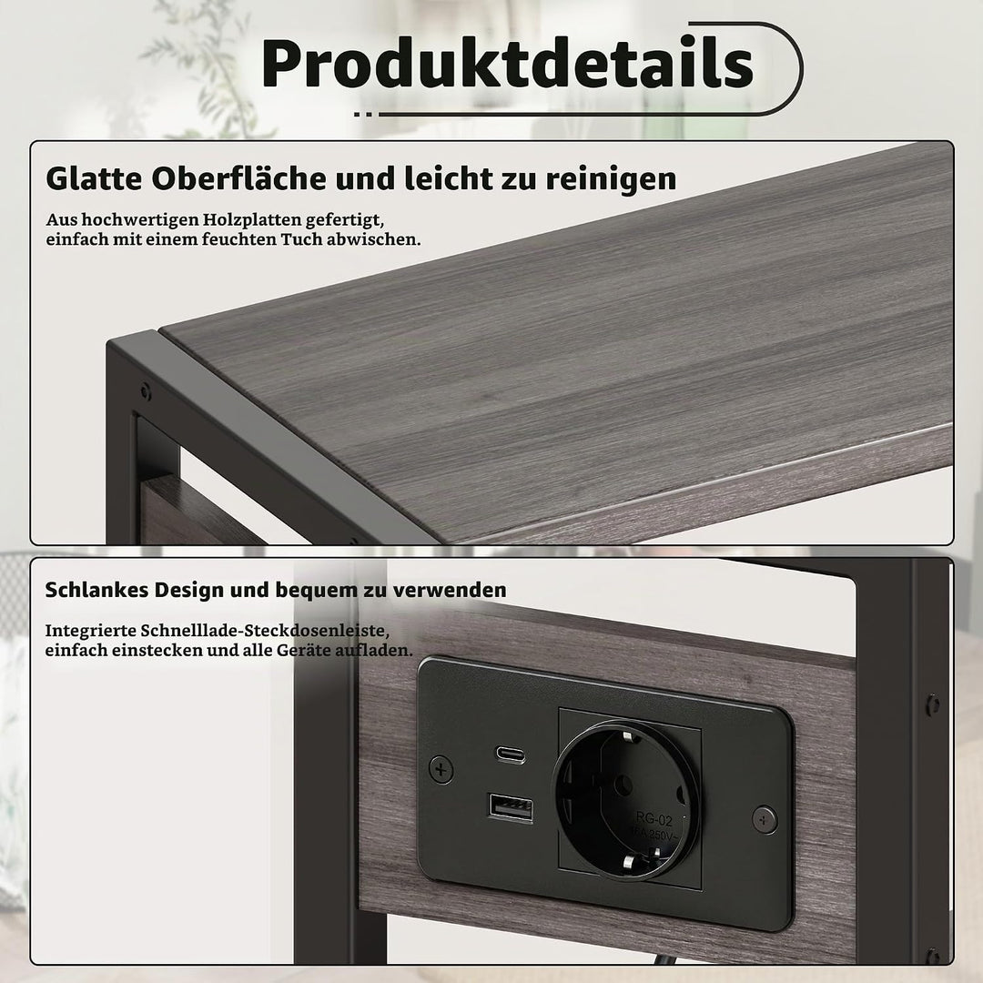 Kleiner Schmaler Beistelltisch mit Ladestation, Schlanker Endtisch für Kleine Räume, Schlanker Nacht