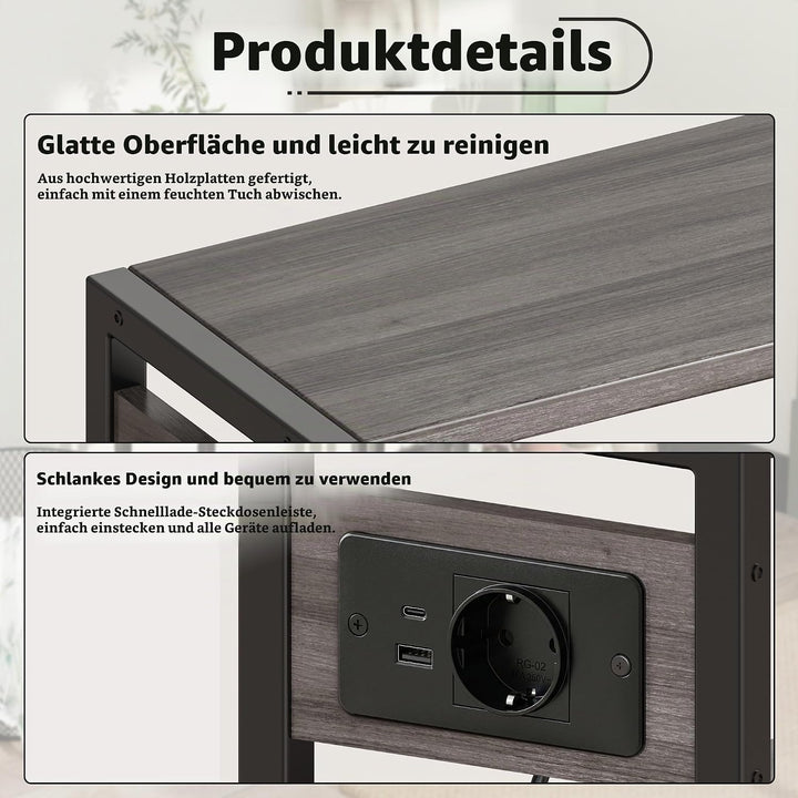 Kleiner Schmaler Beistelltisch mit Ladestation, Schlanker Endtisch für Kleine Räume, Schlanker Nacht