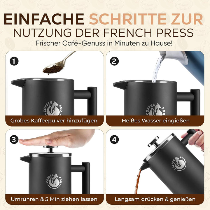 French Press Kaffeekanne aus doppelwandigem Edelstahl Schwarze Pressfilterkanne Französische