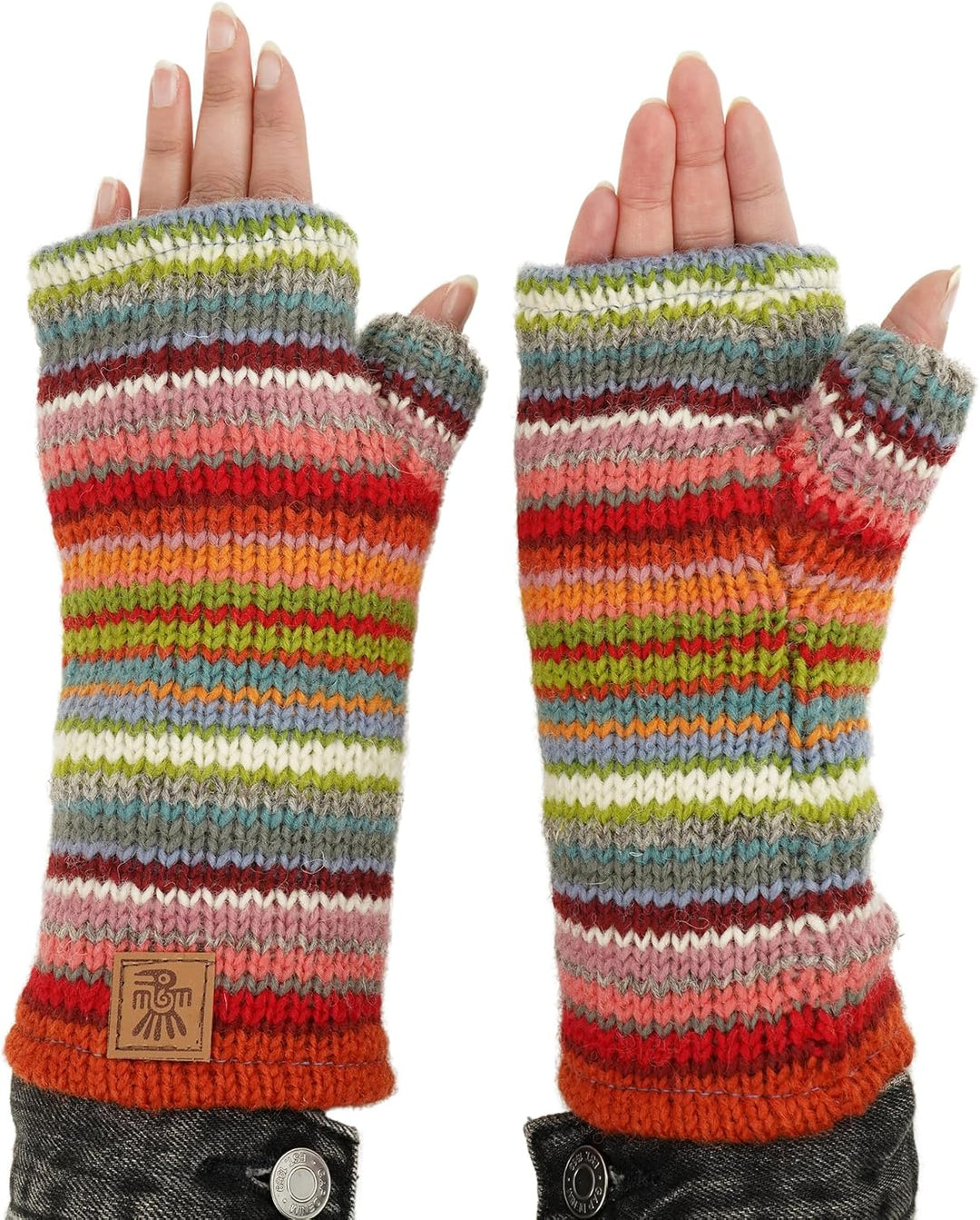 Damen Wolle Handwärmer Sherpa Fleece gefüttert Handgestrickt Mehrfarbig Streifen Einheitsgrösse Hand