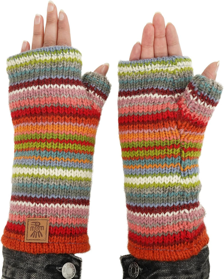 Damen Wolle Handwärmer Sherpa Fleece gefüttert Handgestrickt Mehrfarbig Streifen Einheitsgrösse Hand