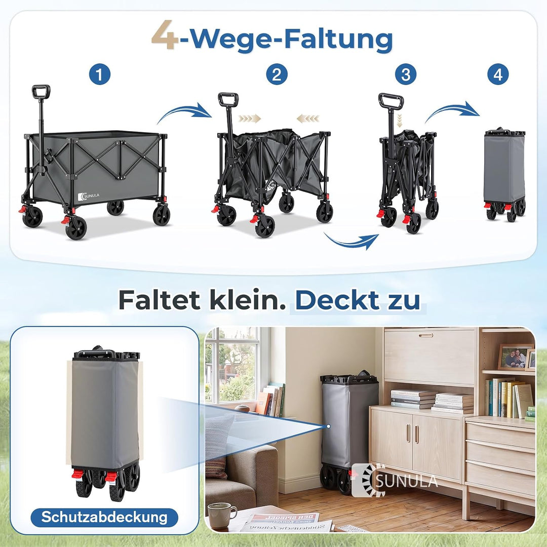 SUNULA Bollerwagen 120 L – 4-seitig zusammenfaltbarer Handwagen klappbar Grau 120L, Grau 120L