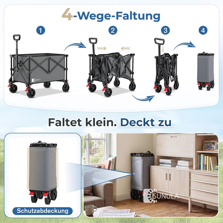 SUNULA Bollerwagen 120 L – 4-seitig zusammenfaltbarer Handwagen klappbar Grau 120L, Grau 120L