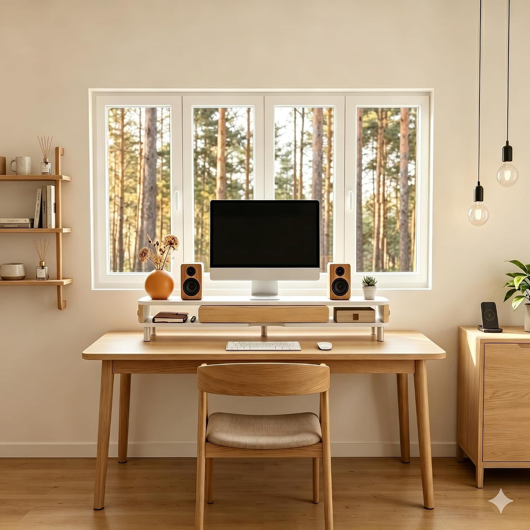 Fenge Dual Monitorständer mit Schublade, 108cm Bildschirmerhöhung mit Aluminiumbeinen &amp; Ledergriff,