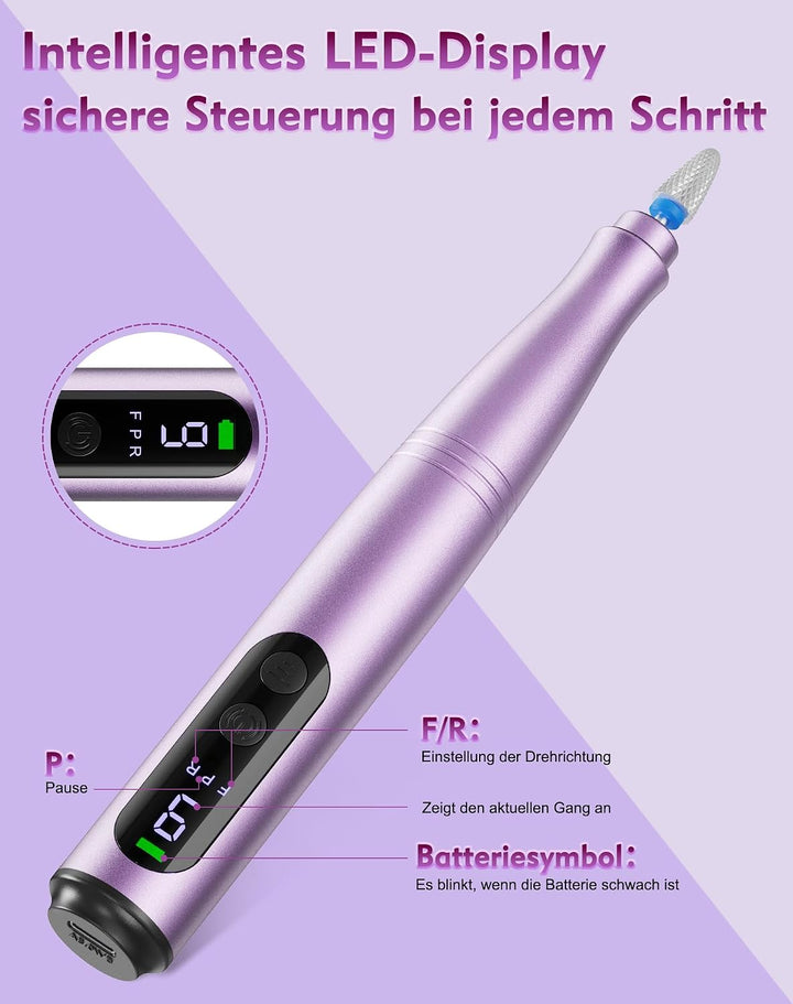Nagelfräser Kabellos, 12 in 1 Elektrische Nagelfeile 9 Verstellbare Geschwindigkeit Fräser für Gelnä