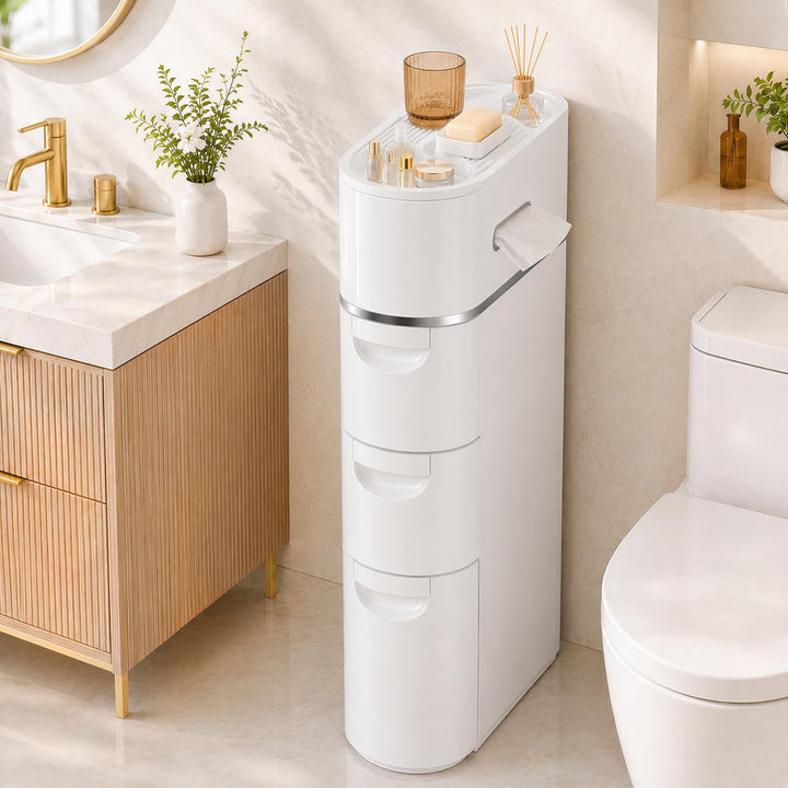 Schmale Badezimmerschrank mit Rollen, Ohne Montage, Weiss