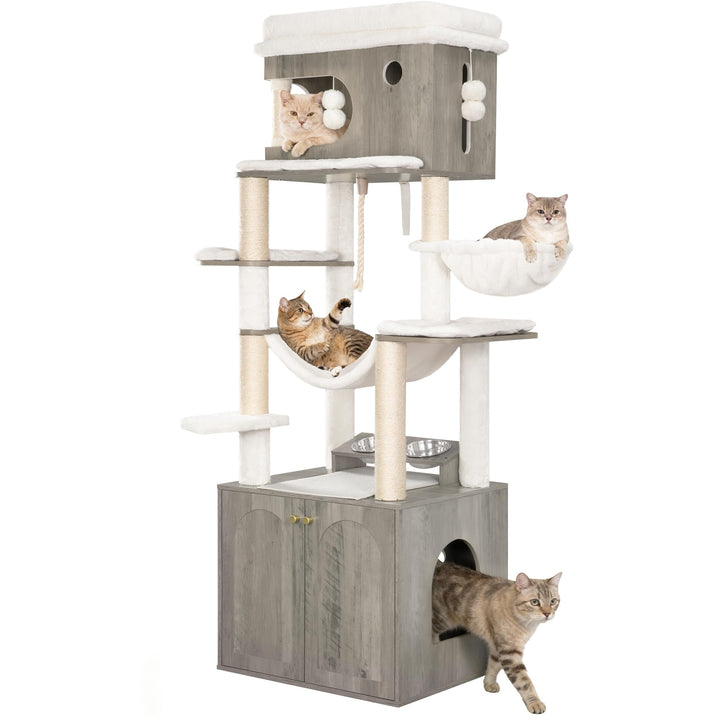 Hzuaneri Kratzbaum, Katzenbaum mit Katzenklo Schrank, Futterstation, 176 cm Hoch, mit grosser Plattf