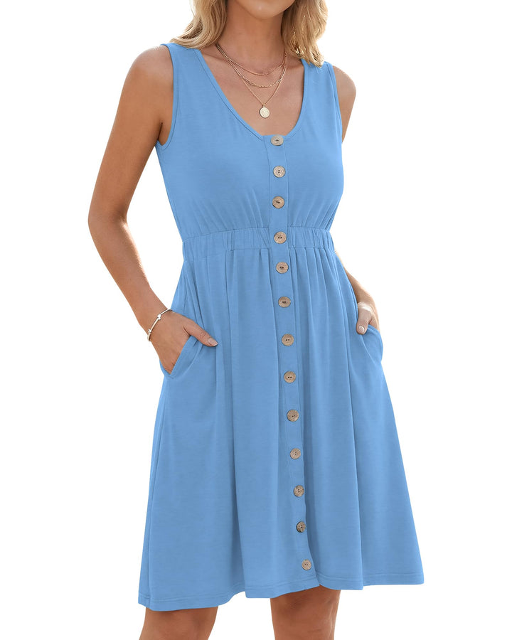 AUSELILY Sommerkleid Damen Ärmellos V-Ausschnitt Minikeid Casual Button Down Strandkleid mit Taschen