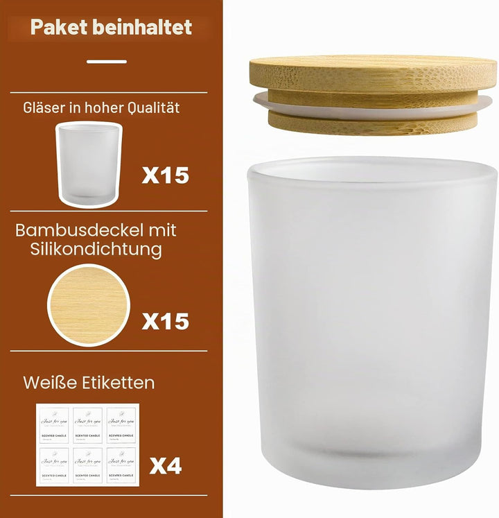 CONNOO 15 Stück 200 ml Milch Glas-Kerzengläser für die Herstellung von Kerzen mit luftdichten Bambus