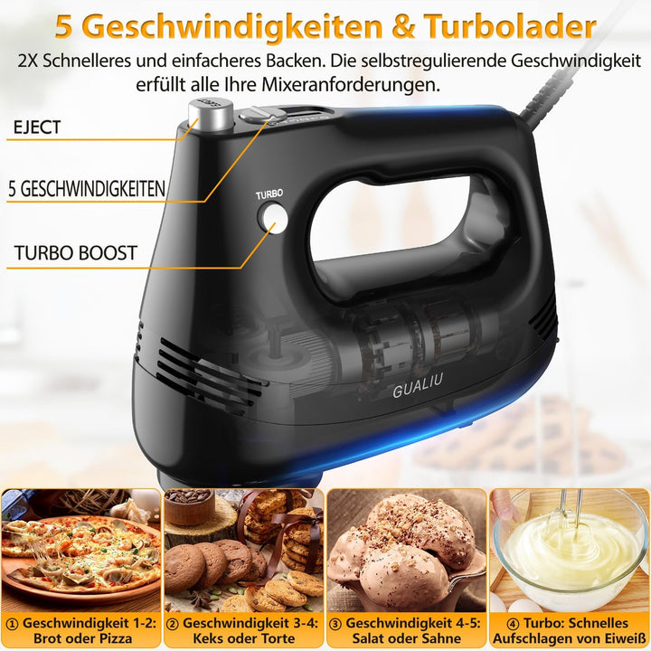 GUALIU Elektrischer Handmixer mit 304 Edelstahl-Rührbesen, Knethaken, Handrührgerät zum Backen von K