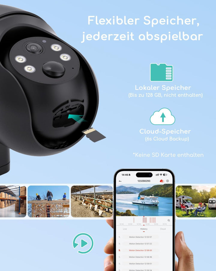 COOAU 4G LTE Überwachungskamera Aussen Akku mit SIM Karte+64GB Kartenspeicher+Solarpanel, Kamera übe