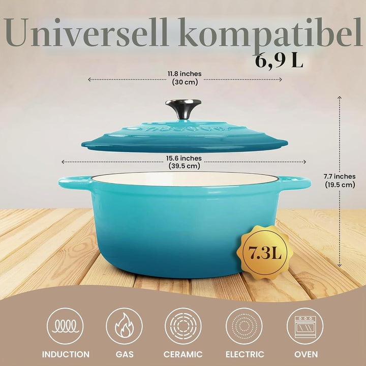 Gusseisen-Schmortopf mit Deckel – Emaille-Topf mit Antihaft, Ofenfest – Türkis, 6.9 Liter, 30 cm – v