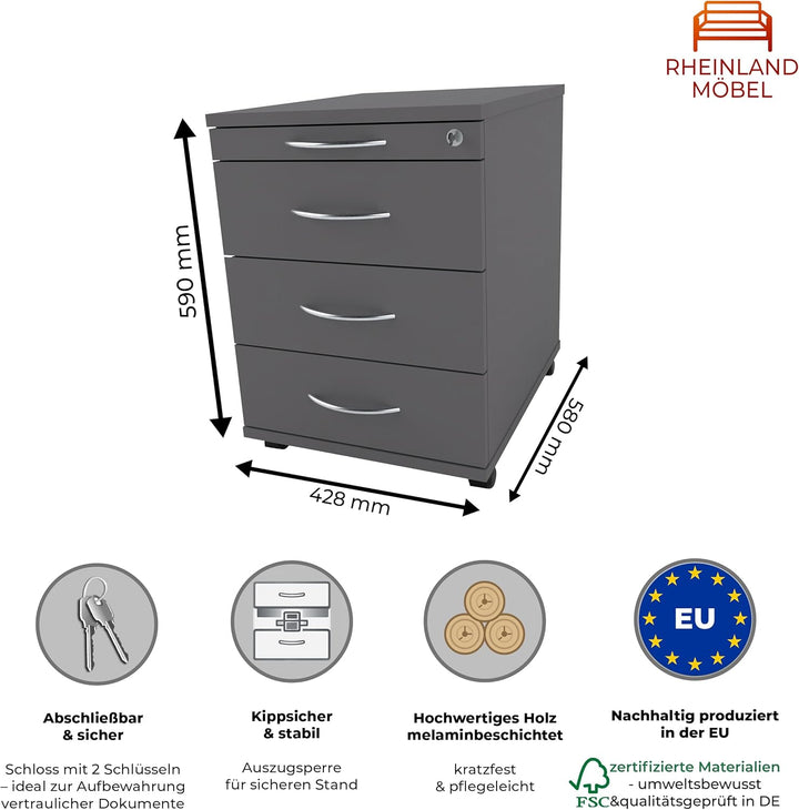Rollcontainer CADI 43×58×59 cm – abschliessbarer Bürocontainer in Graphit mit Orga- &amp; 3 Universal-Sc