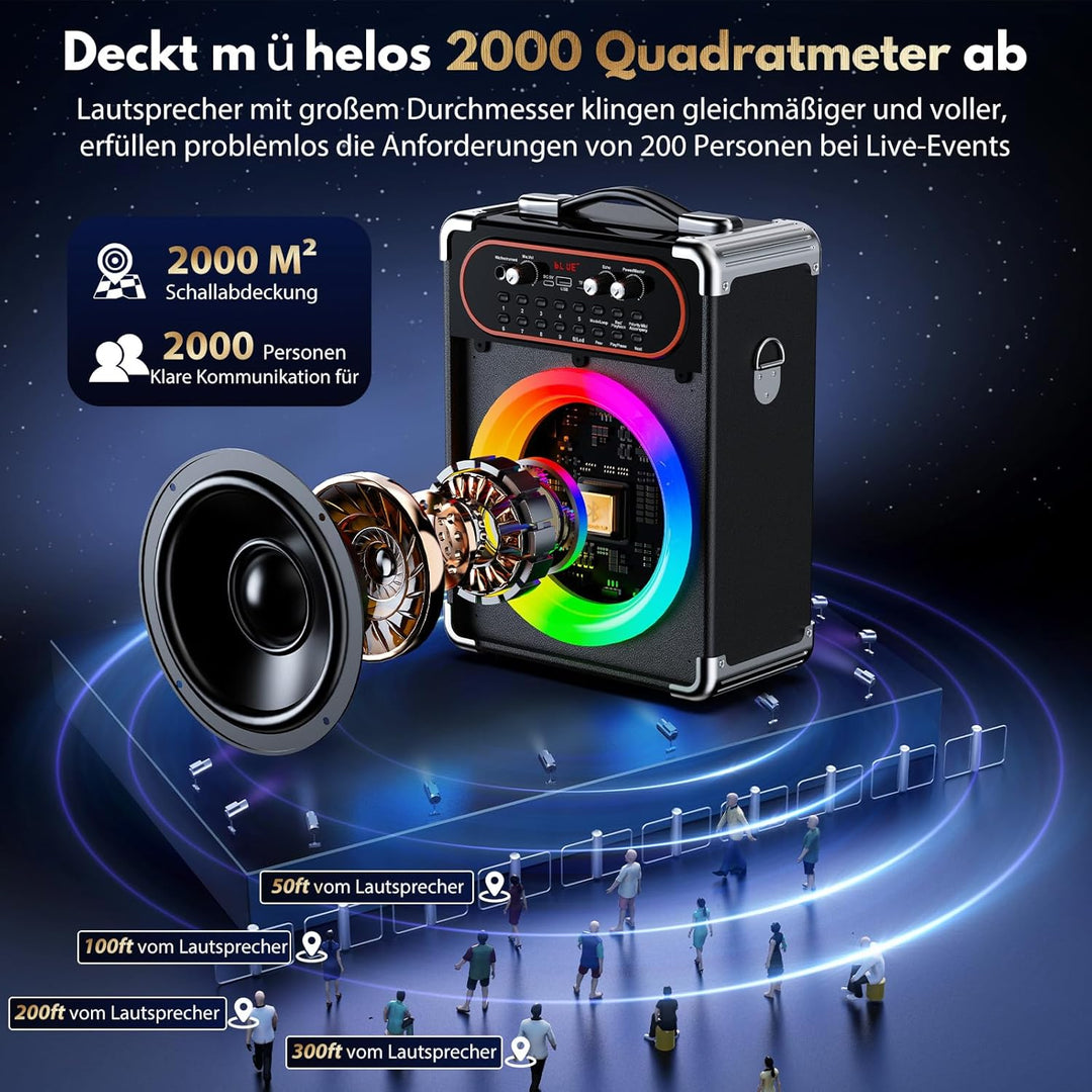 Karaoke Maschine mit 2 Mikrofonen, Tragbarer Kabelloser Lautsprecher Party Musik Box mit LED-Leuchte