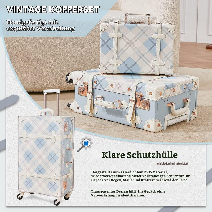 Unitravel Vintage Koffer Set 2 Teilig, Retro PU-Leder Handgepäck Koffer mit Kosmetikkoffer, Blau Kar