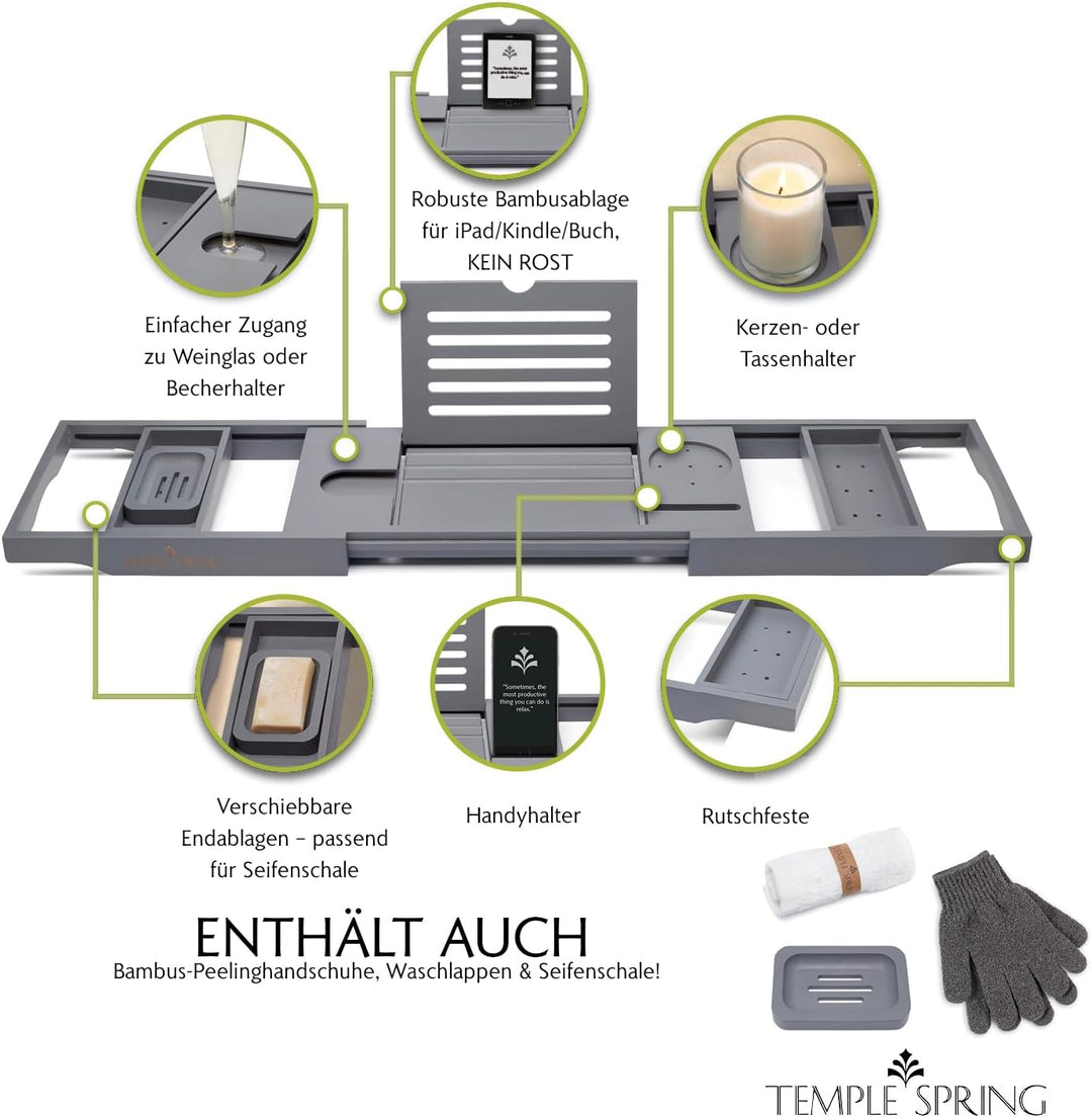 TEMPLE SPRING - Badewannenablage Bambus mit Kerzen-, Weinglas-, Buch-, Tablet-, iPad- und Telefonhal