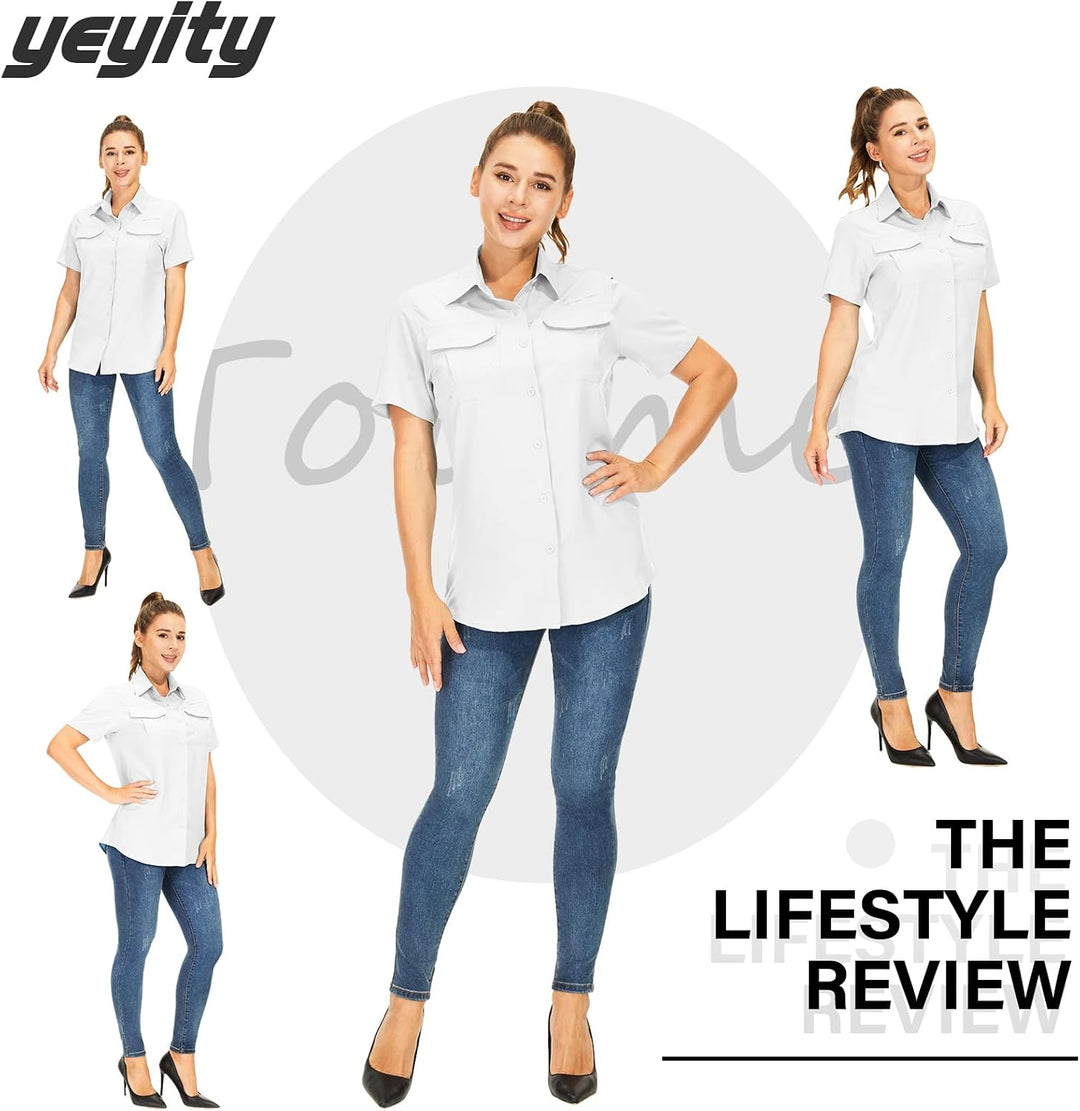 yeyity Hemdbluse Damen Kurzarm UV Schutz Wander Shirt Damen Atmungsaktiv Safari Hemd Schnelltrocknen