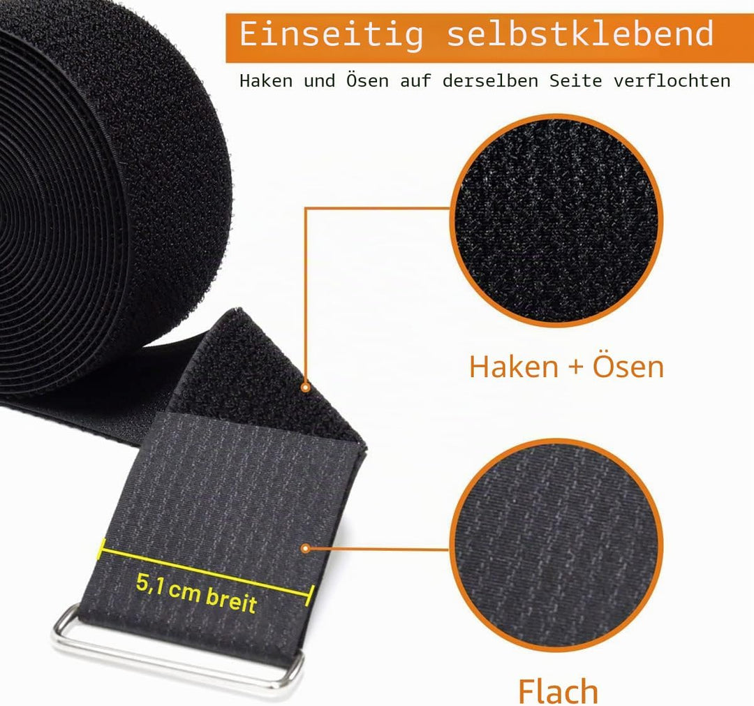 YMCRLUX Klettband Breit 5CM mit 10 Metallschnalle, Frei Zuschneidbar Klettverschluss Band, Wiederver
