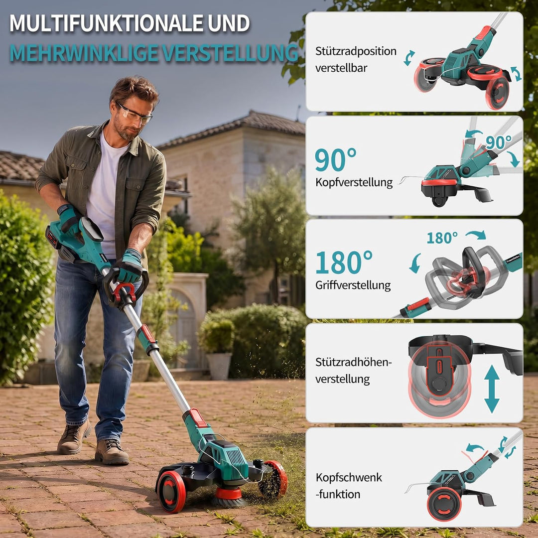 Rasentrimmer mit Akku, 21V Akku Rasentrimmer für Makita Akku, Rasentrimmer mit Unkrautbürste, 2 * 4.