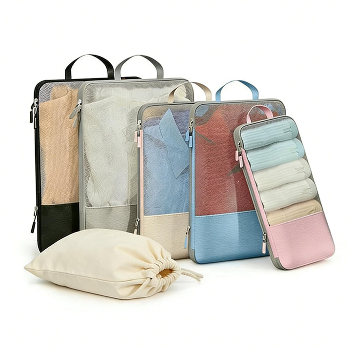 Koffer Organizer, 6er Set Multicolor Packing Cubes Kompression mit Langgriff, Packwürfel für Reise B